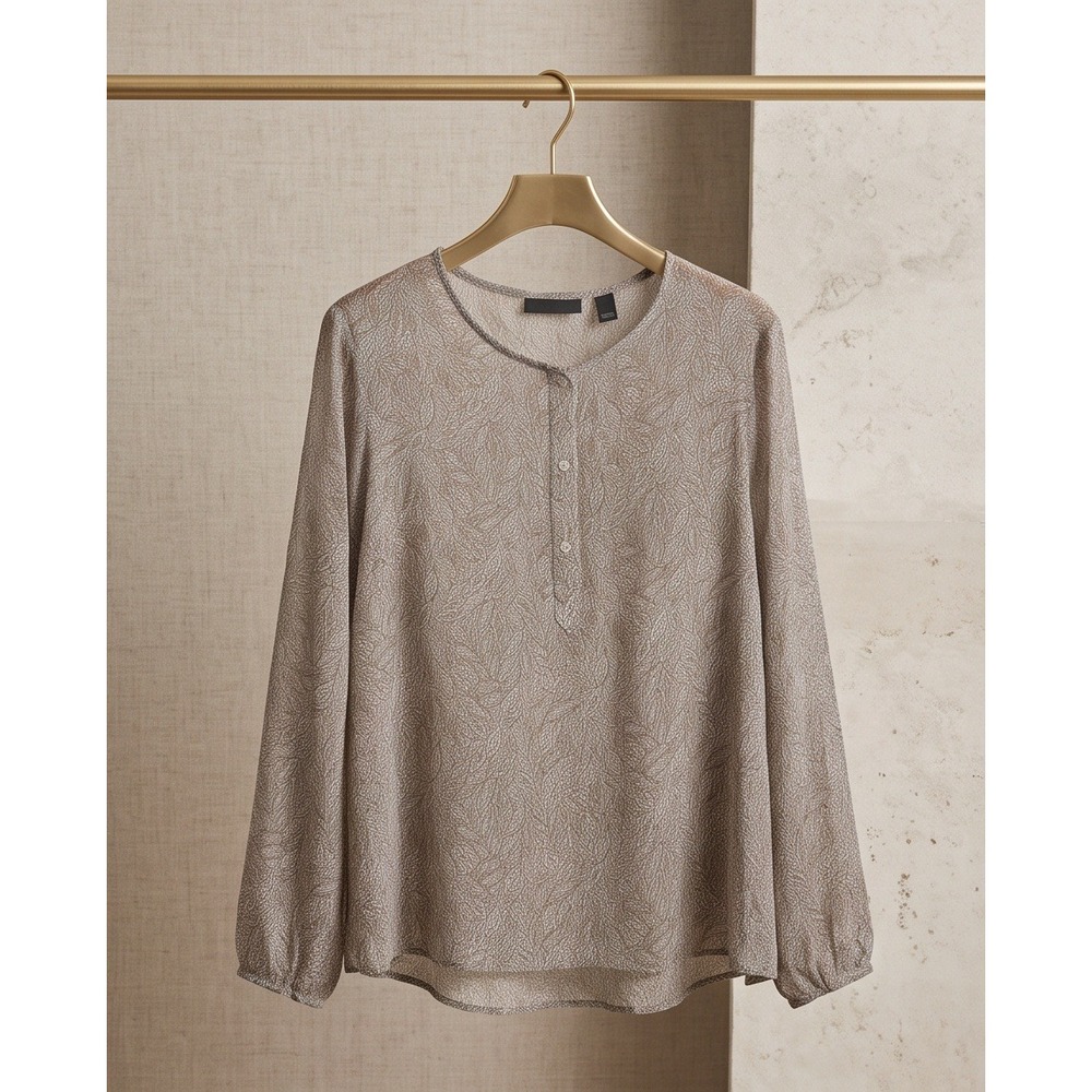 Apostrophe Womens XL Tan Brown Leaf Print Henley Blouse Long Sleeve Sheer Top